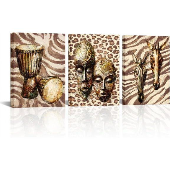 Hieng 3pcs Vintage Tribal African Mask & Drums Animal Symbols Canvas Art - Abstract Africa Culture Artistic Painting Decorations Each Panel for Home Living Room Bedroom(only canvas)