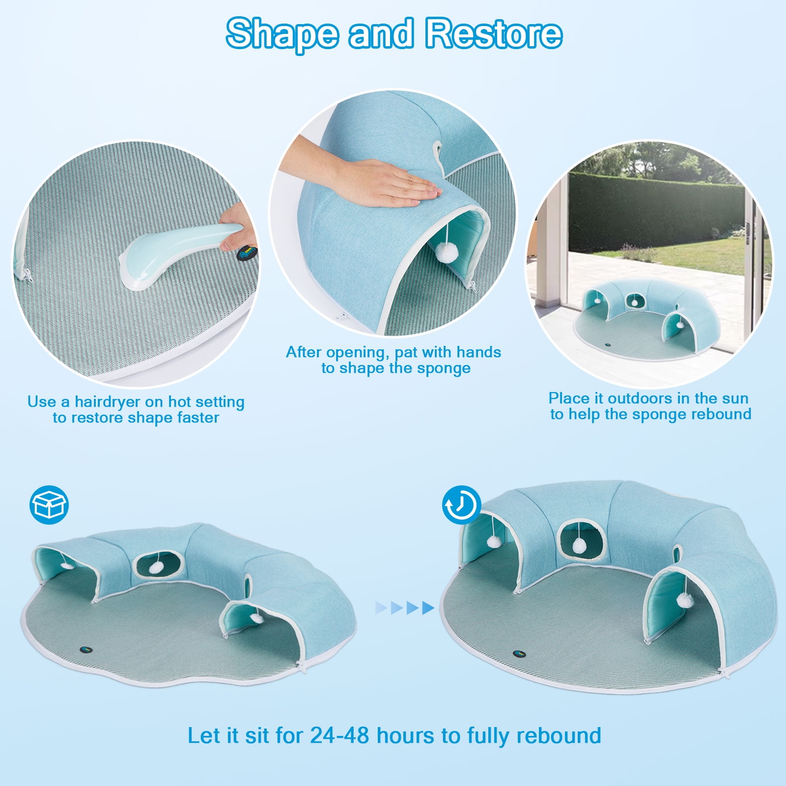 Ownpets 2 in 1 Detachable Cat Tunnel Bed Cooling Pad Cave Interactive Play Toy Rabbit Kitty