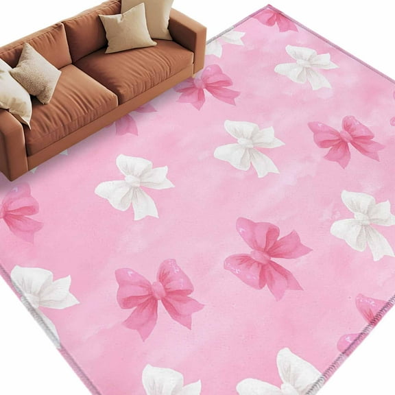 Pink and White Bow Washable Area Rug 5 x 7 ft Cute Bowknot Kawaii, Soft Non Slip Rugs Stain Repellent Indoor Felt Carpet for Living Dining Room Bedroom Home Office