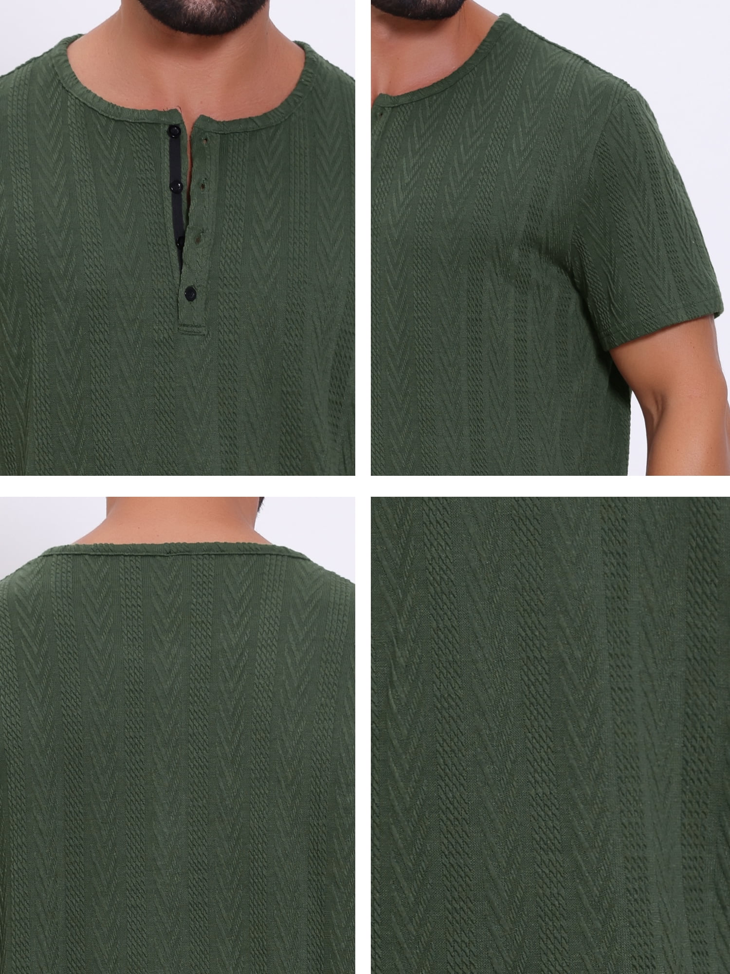 DARING DIVA Men's Henley Short Sleeve Button Down Jacquard Knitted T-Shirt M Green