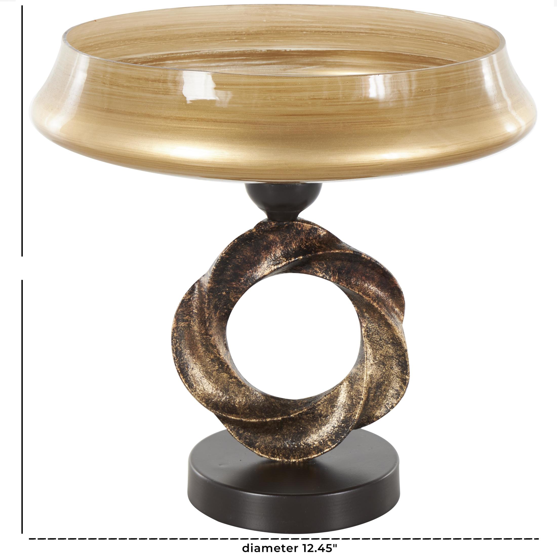 DecMode 12" Round Wide Brushed Brown Glass Decorative Bowl with Textured Bronze and Black Ring Base