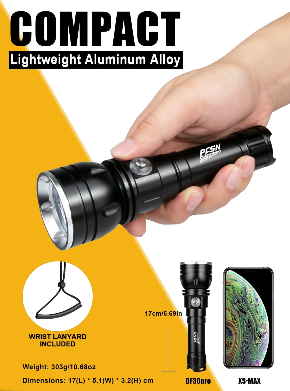 PFSN Scuba Dive Light 3000 Lumens, Waterproof Diving Flashlight for Caving, Snorkeling & Deep Diving