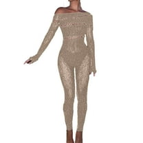 Tao Tao Women Fashion mesh rhinestone jumpsuit long sleeve see-through jumpsuit high stretch Body stockings club outfit Beige Free Size