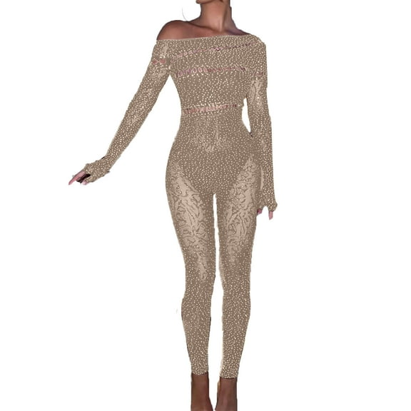 Oplxuo Women's One Piece Jumpsuit Long Sleeve off the Shoulder Sparkly Rhinestone Hollow Out Full Body Mesh Bodysuit Lingerie
