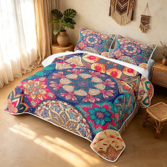 Erosebridal Vintage Mandala Twin Quilt Set, Traditional Flower Twin Coverlet Set, Boho Multicolor 2 Pieces, 1 Bedspread and 1 Pillowcase