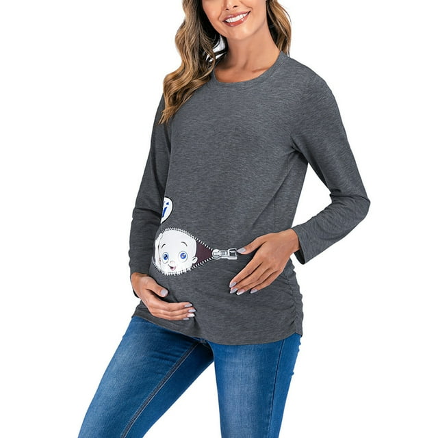 Camisas de Maternidad Para Mujer Blusas Estampado de Bebé Vestir Top Algodón Cuello Redondo Manga Larga Color Sólido Odeerbi ODB123407