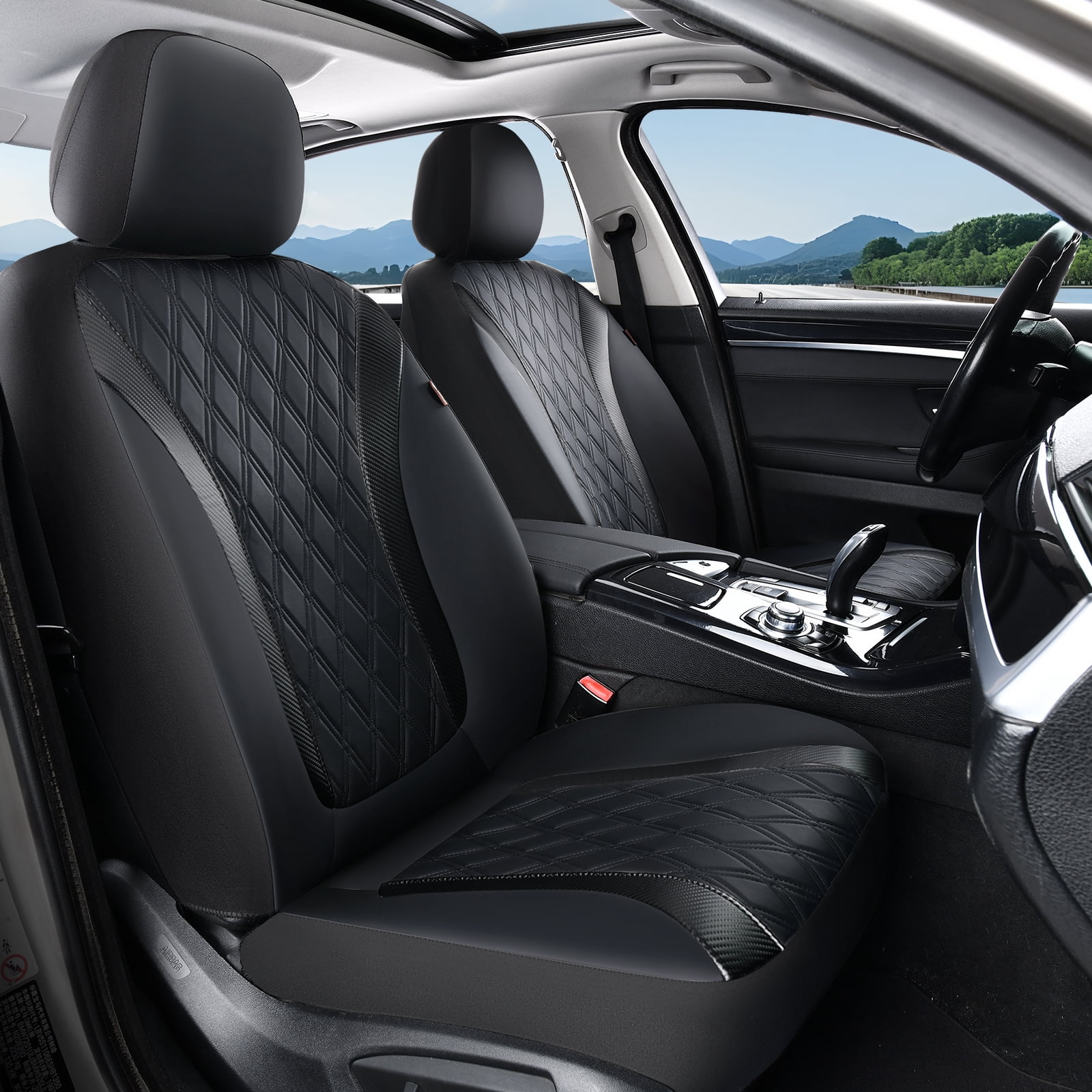 Coverado Car Seat Covers, Faux Leather with Carbon Fiber Front Car Seat Protectors, 4 Pieces Universal Fit for Most Cars SUV Trucks, Black