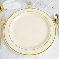 Efavormart 50 Pack - 10" Ivory Plastic Disposable Dinner Plates Round With Gold Rim