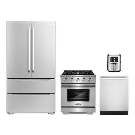 4 Piece Kitchen Package with 5.5L Electric Hot Air Fryer 30  Freestanding Gas Range 24  Built-in Fully Integrated Dishwasher &amp; French Door Refrigerator