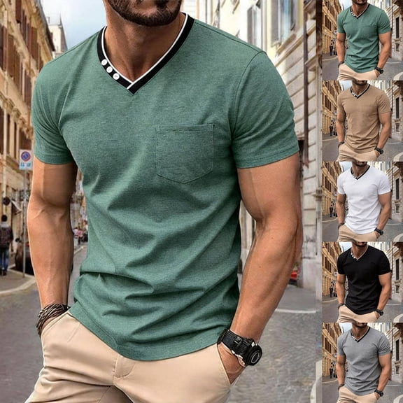 Men's V Neck T-Shirt Short Sleeve Slim Casual Top With Chest Pocket Summer Lightweight Tee Green S