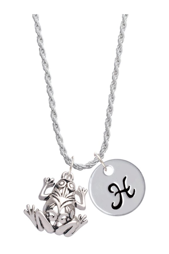 Silvertone Large Filigree Frog Silvertone Script Initial Disc - H - Charm Necklace, 20"+3"