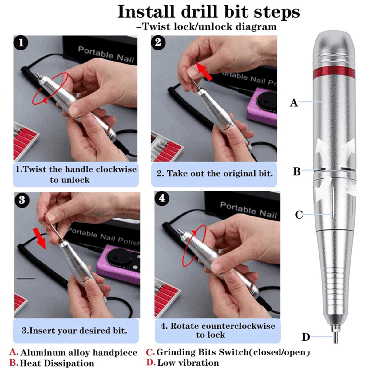 45000RPM Electric Nail Drill Machine Rechargeable Nail File Nails Accessories Gel Nail Polish Sander Low Noise
