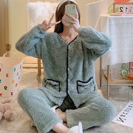 

DanceeMangoo Autumn Winter New Warm Flannel Womens Solid Color Pajama Sets Thick Girls Sleepwear Coral Fleece Sleep Lounge Pajamas Clothing