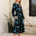 thumbnail image 5 of WTOBBY Women's Fashion Loose Retro Printed Round Neck Dress Casual Long Sleeve Vintage Style Daily Wear with Unique Pattern,Dark Blue M, 5 of 5