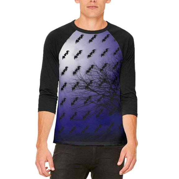 Halloween Bats in the Full Moon Light Mens Raglan T Shirt White-Black SM