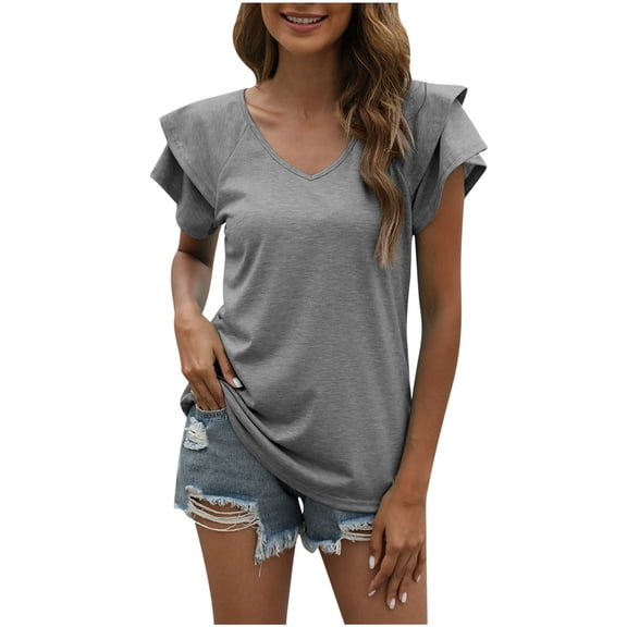 XFLWAM Womens Summer Tops Ruffle Short Sleeve V Neck T-Shirts Casual Loose Fit Gray S