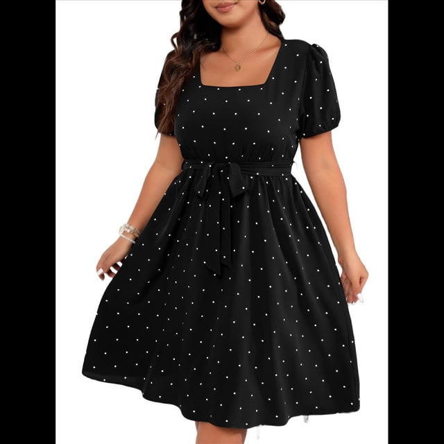 Vestido Elegante de Talla Grande con Lunares Retro, Cuello Cuadrado y Lazo en la Cintura para Mujer Negro XXXL