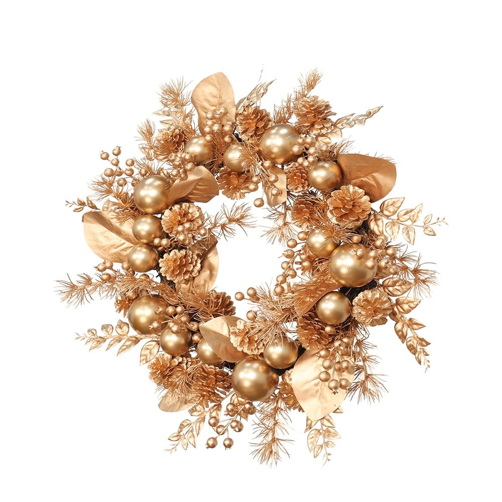 Abble 24" Indoor Outdoor Artificial Christmas Wreath - Decorated with Berries, Pinecones, Leaves, Balls for Wall Fireplace, Door, Window (Gold)