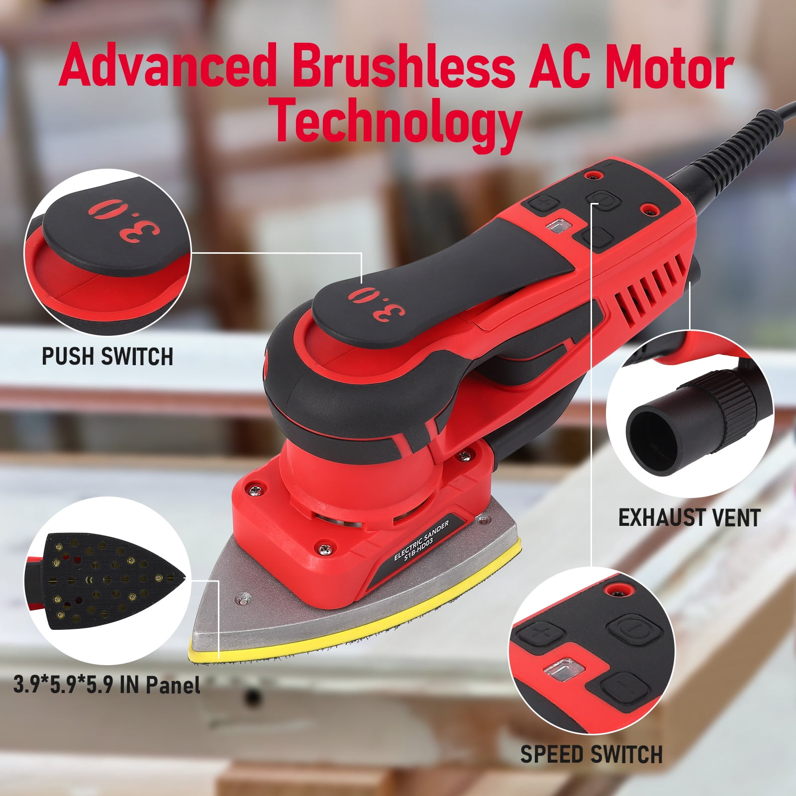 350W Brushless Random Orbital Sander – Variable Speed Up to 10,000 RPM, Low Vibration Ergonomic Design – Includes 12 Sanding Sheets – Precision Woodworking & Detail Sanding Tool