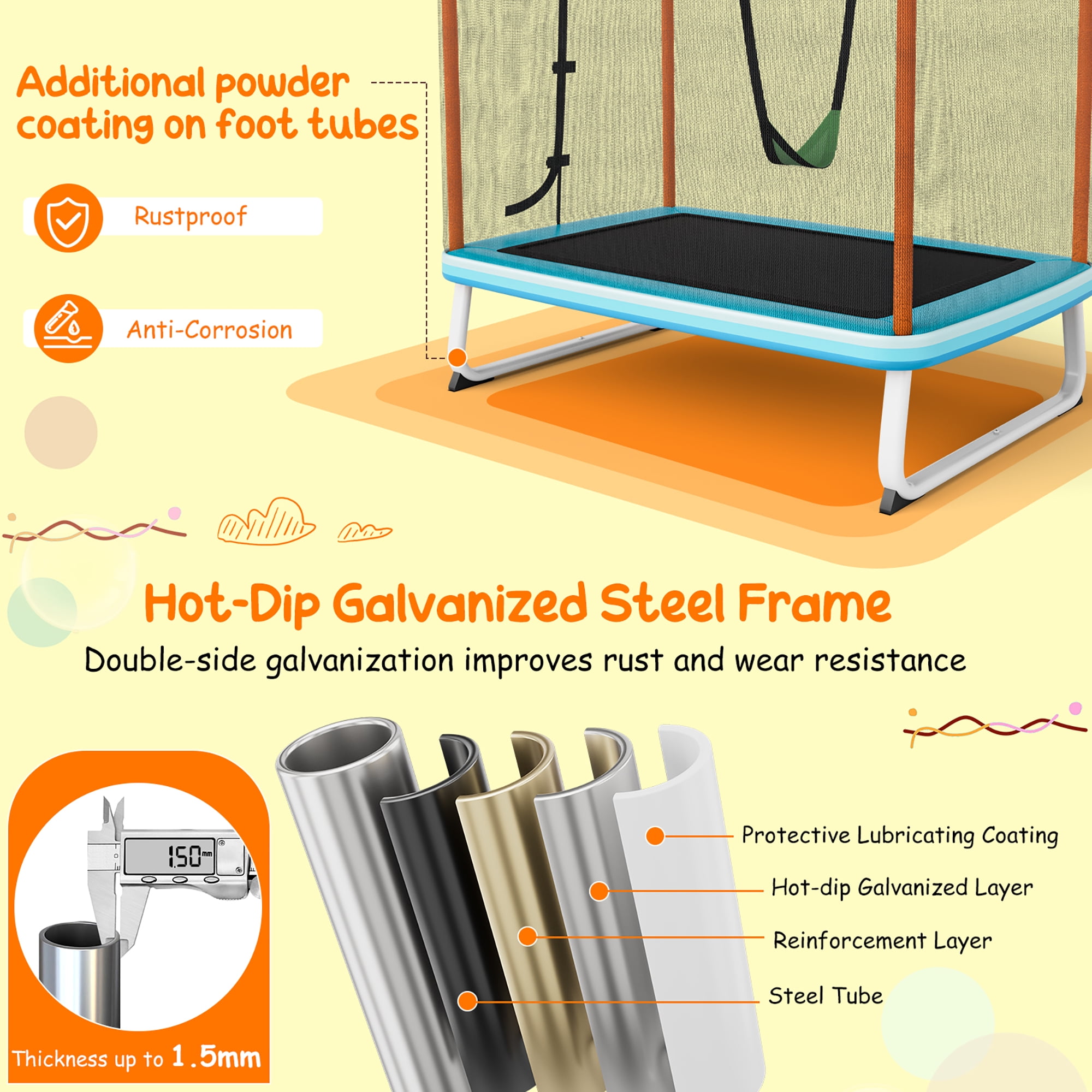 Gymax 3-in-1 6FT Rectangle Kids Trampoline w/ Swing Horizontal Bar & Safety Net Outdoor Orange