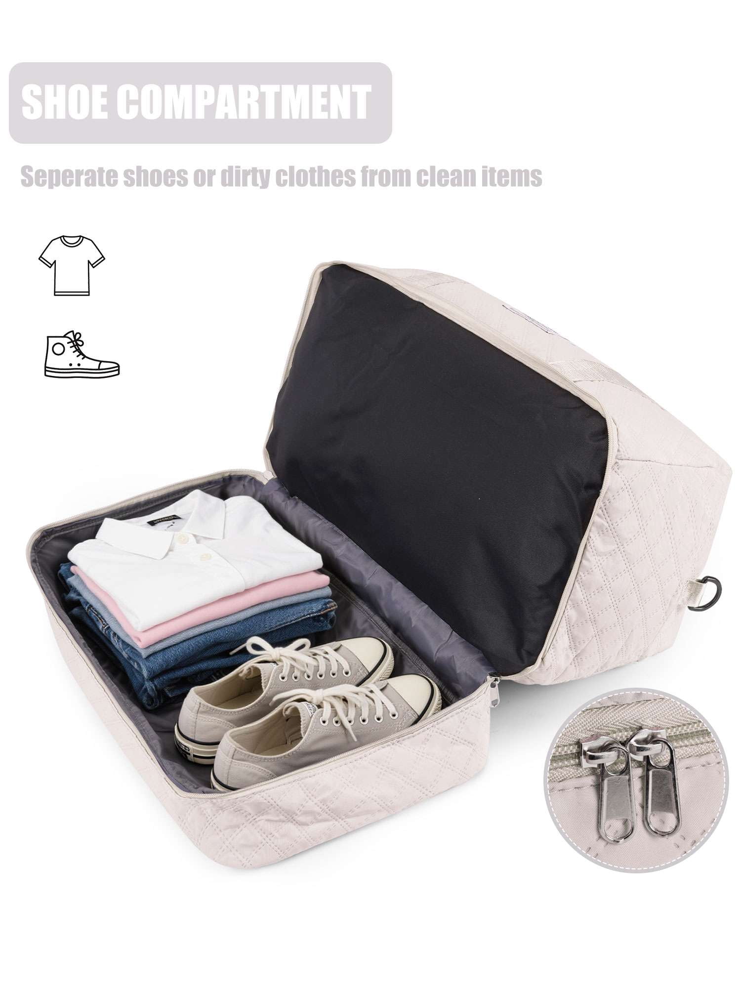 Gustave Quilted Travel Duffle Bag for Women Large Capacity Overnight Weekender Gym Hospital Bag Water Resistant Carry On Totes with Shoe Compartment & Wet Pocket, White