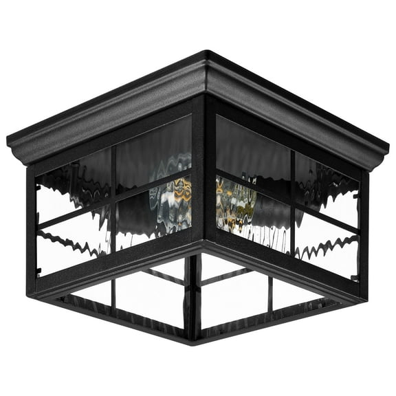 Maxxima Outdoor Flush Mount Ceiling Light: Black, Water Glass, 2-Light, Square, Farmhouse Porch/Patio, Close to Ceiling, Bulbs Not Included.