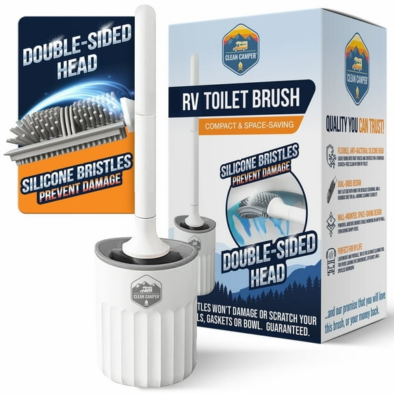 RV Toilet Brush by Clean Camper – Wall-Mounted Set, Silicone, Scratch-Free Dual-Sided Head, Quick-Drying Holder, Compact & Durable Set with Strong Adhesive Mount for RV & Camper Toilets