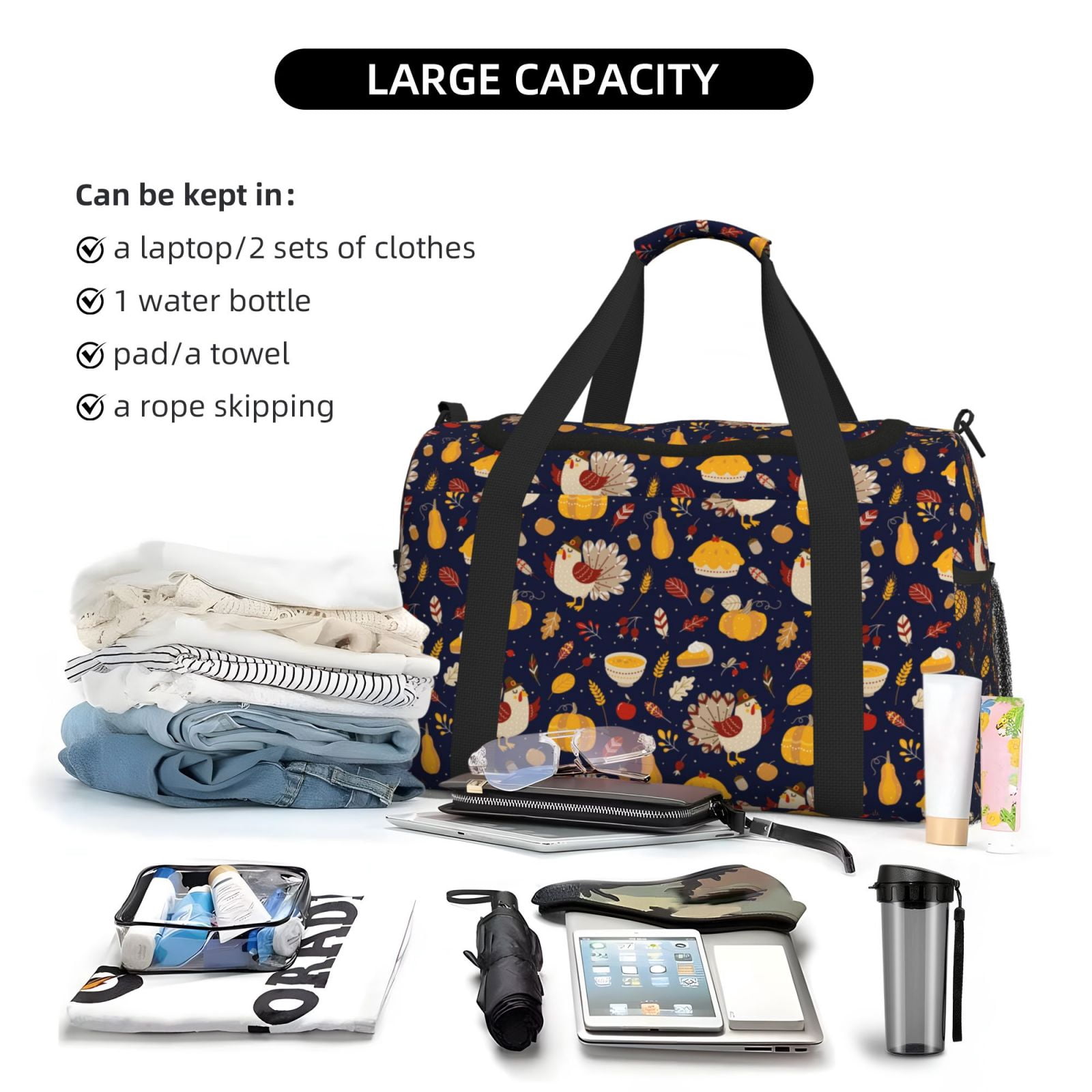 Fuzoiu Turkey And Autumn Print Travel Duffle Bag,Carry On Tote Bags,Duffel Bag,Sport Gym Bag, Hospital Bag for Labor and Delivery, Overnight Bag,Luggage Bag