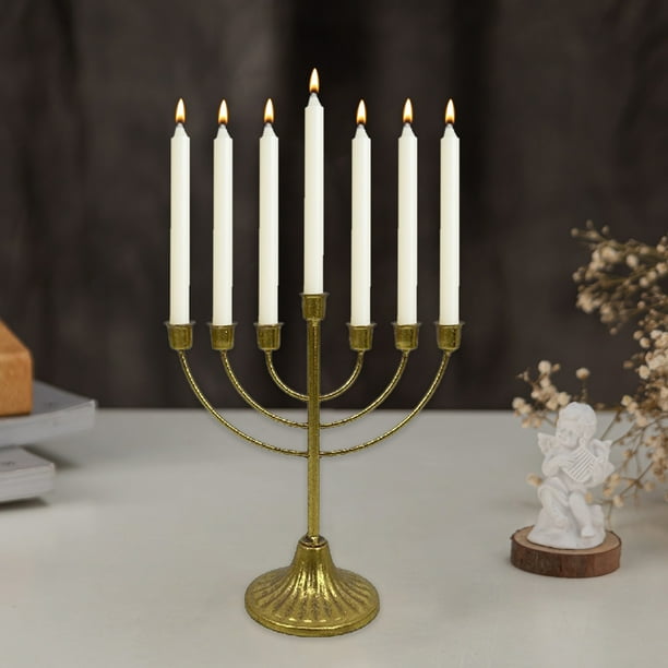 Candelabro de Hanukkah de hierro dorado, superficie de arena de siete cabezas