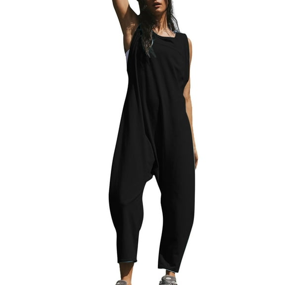 Summer Plus Size Jumpsuits for Women Tummy Control Fashion Solid Color High Waist Solid Wide Leg Jumpsuit Casual Loose Blackless Jumpsuit