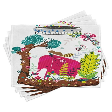 

Kids Placemats Set of 4 Colorful Handdrawn Animals Elephant Squirrel Tree Floral Jungle Nature Illustration Washable Fabric Place Mats for Dining Room Kitchen Table Decor Multicolor by Ambesonne