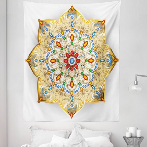 Mandala Tapestry, Brooch Inspired Design Mandala Geometric Vintage Design Lively Digital Print, Fabric Wall Hanging Decor for Bedroom Living Room Dorm, 5 Sizes, Multicolor, by Ambesonne
