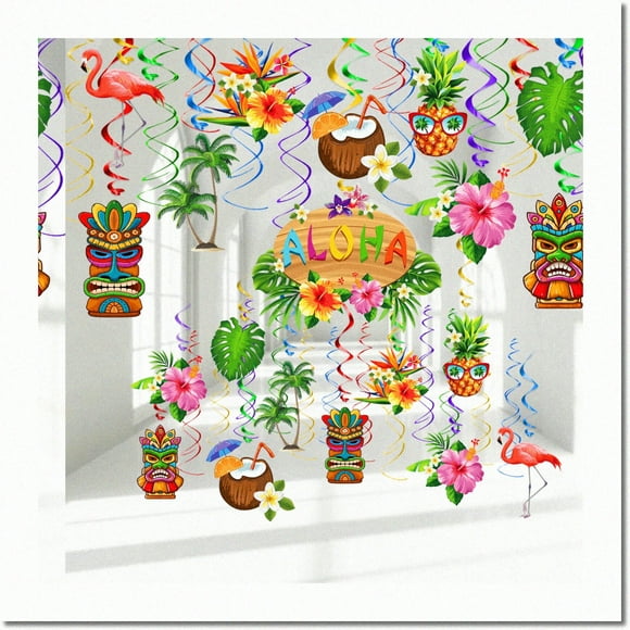 Tourbillons de Fête Paradis Tropical - Décorations Florales Exotiques Flamant Rose pour Luau, Anniversaire, Plage d'Été, Piscine, Fête Tiki - Panneaux de Palmiers et Fleurs Vibrants - 36 Pcs