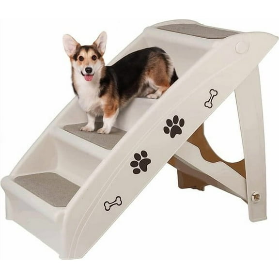 SONGMY Foldable Pet Dog Stairs with Non-slip Pad, Beige Pet Steps for Indoor Outdoor Use, Dog Ramp for Small Medium Dogs