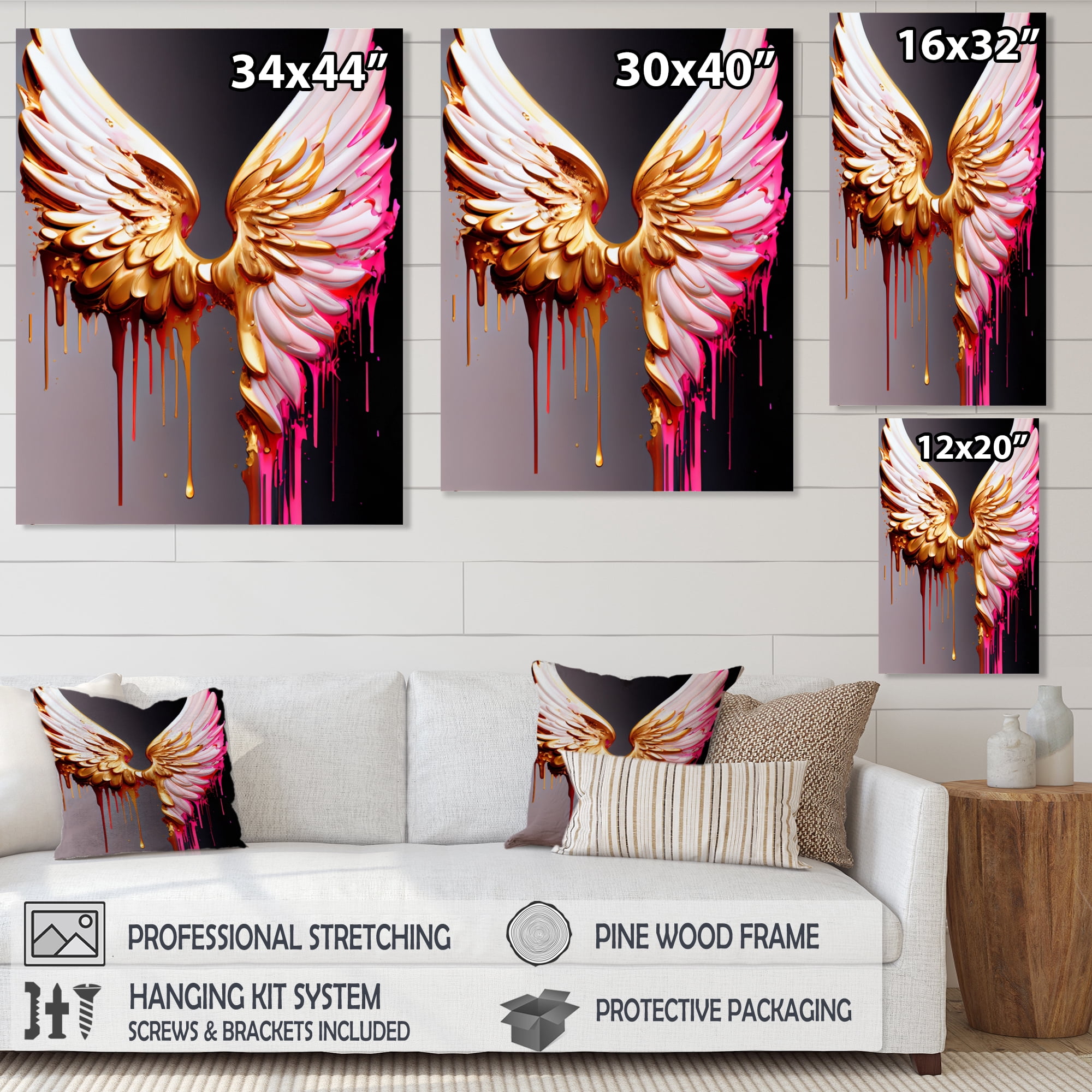 Designart Pink,Gold And Black Angel Wings IV Canvas Wall Art