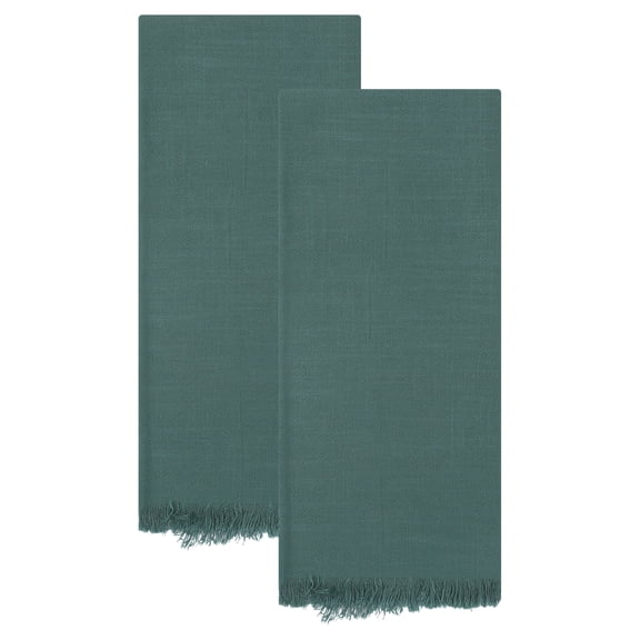 REGALWOVEN 2 Pack Cotton Linen Kitchen Towels, Solid Color Fringed Dish Towels, Soft Absorbent Hand Towels Dark Green 18" x 18"