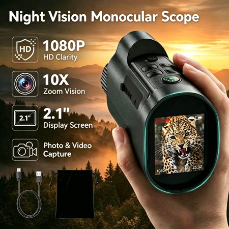 5W Night Vision Monocular 1080P 10X Zoom 2.1 Screen 300m View Range Rechargeable for Camping Hunting Wildlife Home Security Ideal Men Gift