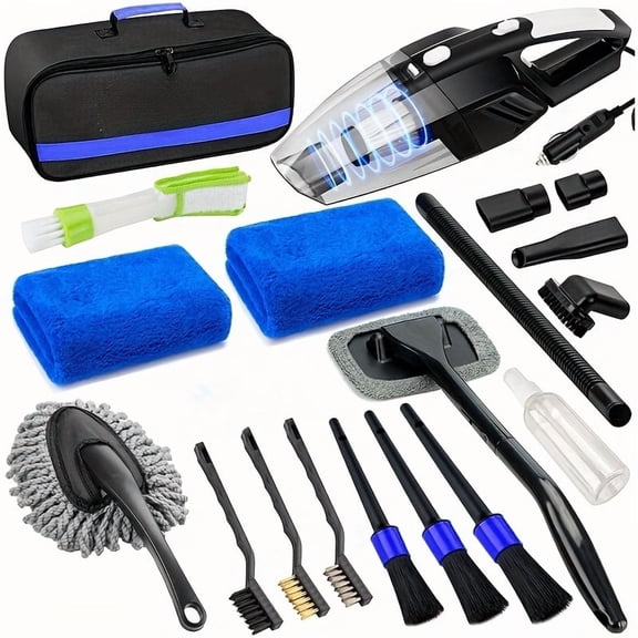 19pcs/set Car Cleaning Wash Kit Interior Detailing Cleaner Kit With High Power Handheld Vacuum, Brush Set, Windshield Tool, Duster, Towels, Complete Car Care Tool
