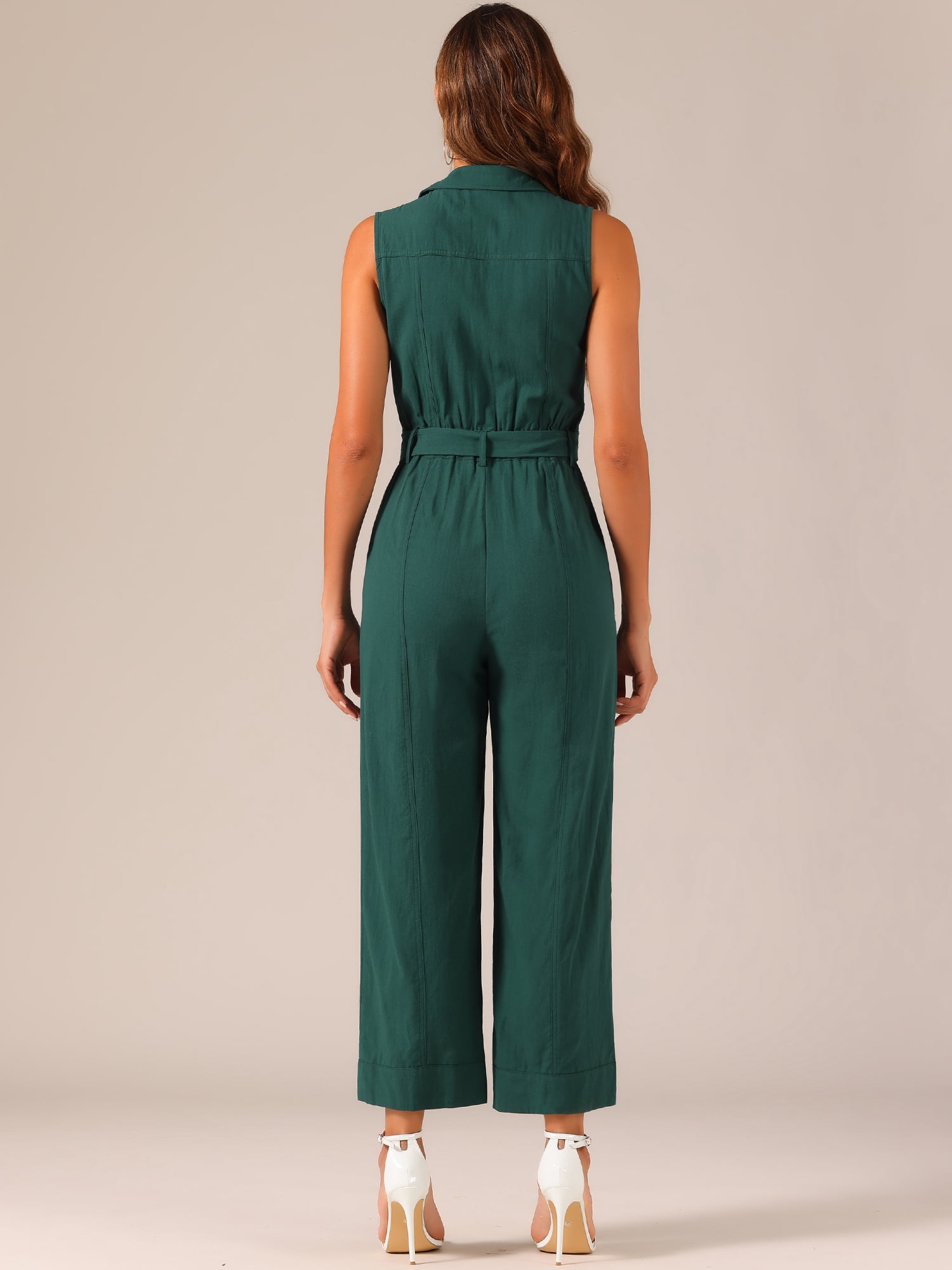 DARING DIVA Women's Wide Leg Sleeveless Collared Tie Waist Jumpsuit S Peacock Blue