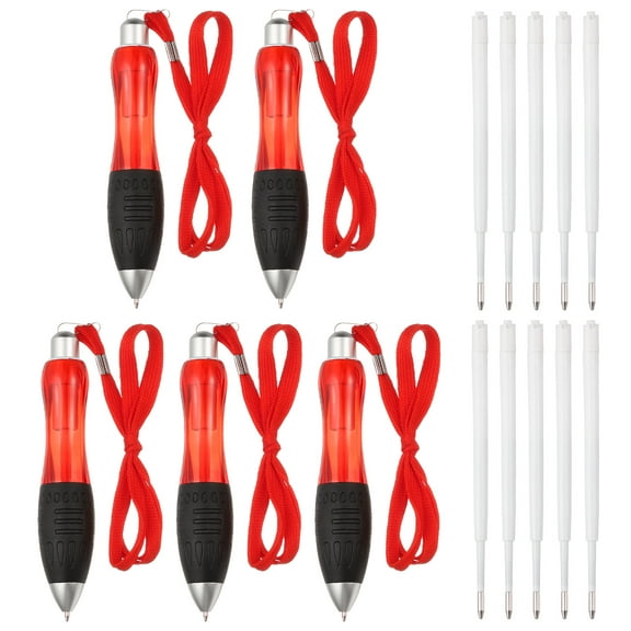 5 Pcs Uxcell Big Fat Pens, Red Heavy Weighted Ballpoint Pen Retractable Wide Grip Thick Pen with Strap for Hand Tremors Elderly Handicap(10 Black Refills)