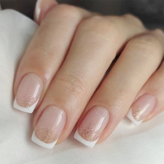 Yiran French Glitter Simple Nude Short Glossy Large Square White Press On Nails 24 Pcs, 1 Set