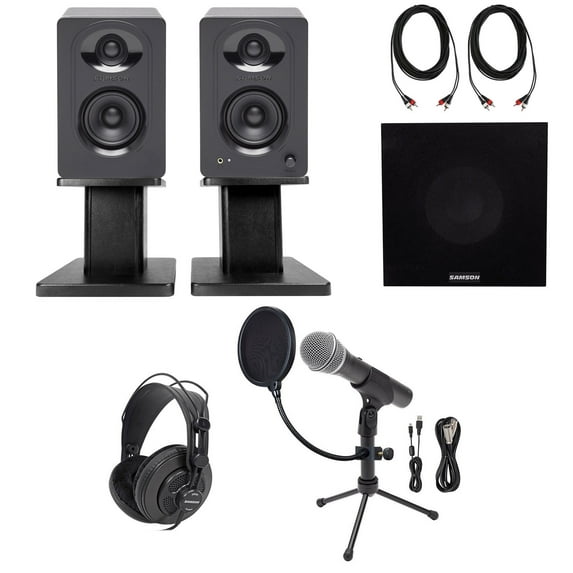(2) Samson M30 3" Powered Studio Monitor Speakers+Stands+Sub+Headphones+USB Mic