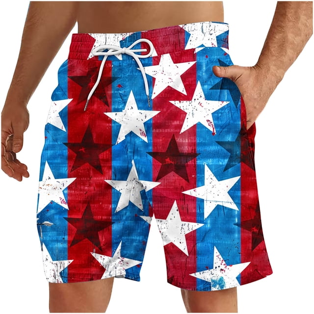 Pantalones Cortos Deportivos para Hombre, Pantalones Cortos de Playa con Cordón Impreso para el Día de la Independencia con Bolsillo Hechos de 95% Poliéster 5% Spandex, Pantalones Cortos Deportivos Pa