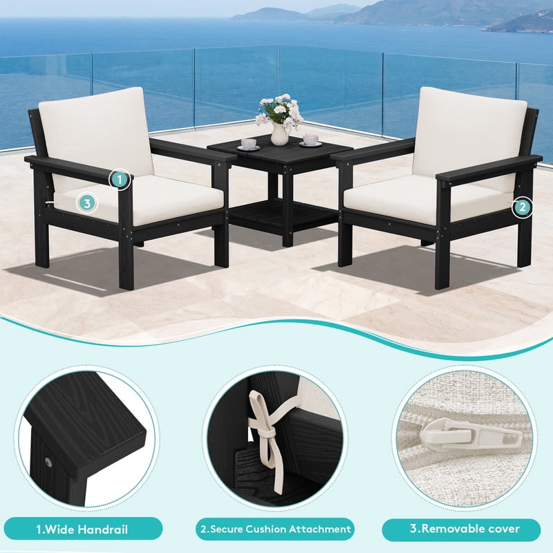 FUNDAZE Oversized HDPE Patio Furniture Sets, 2-Seater With Double-tier Table Outdoor Conversation Set | For Patio, Poolside, Backyard Use, Black Frame with Khaki Cushion