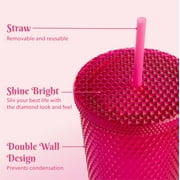 Paris Hilton 2 Pack 26oz Double Wall Diamond Textured Plastic Tumblers with Straw, White Rainbow Iridescent and Hot Pink