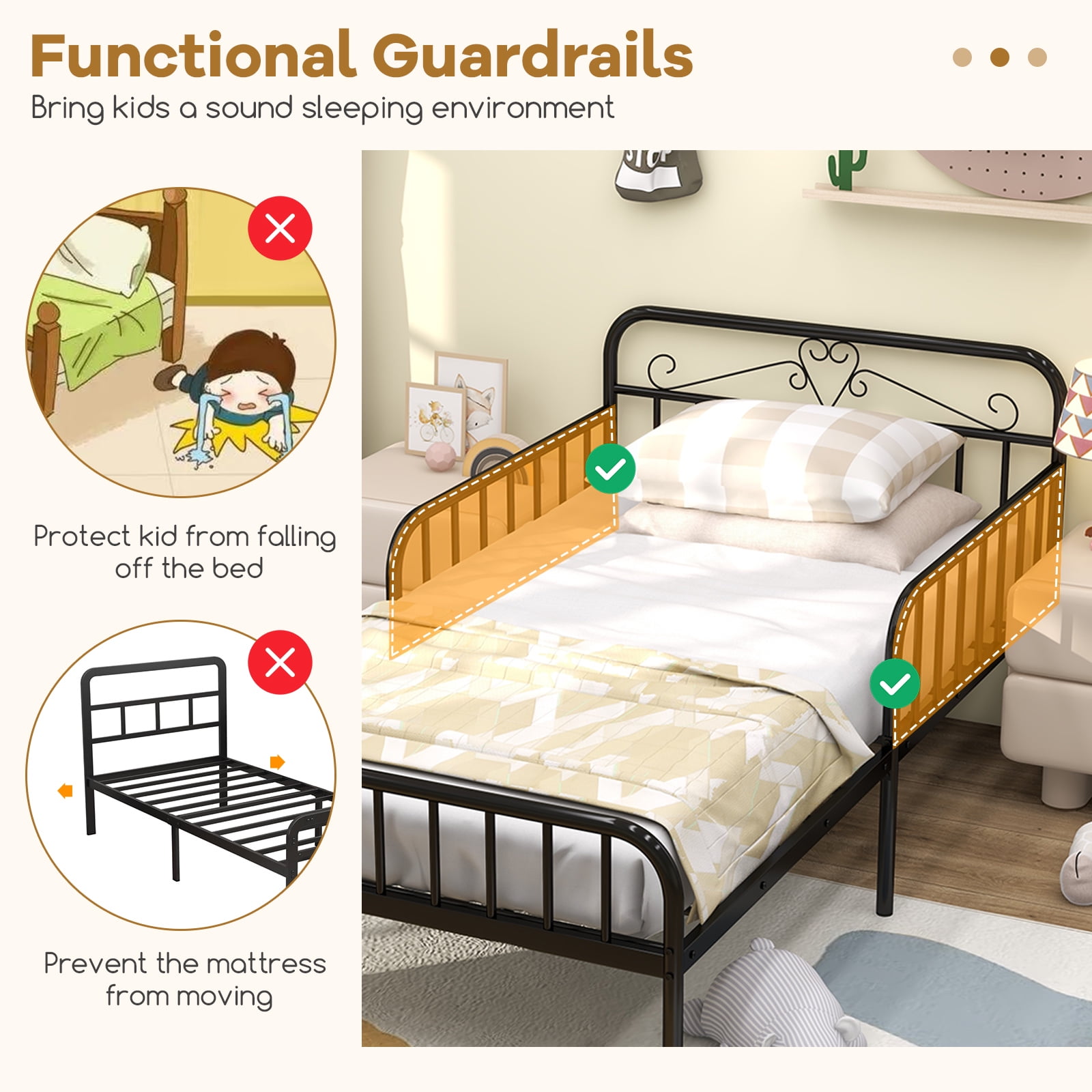 Infans Twin Size Metal Bed Frame Modern Platform Bed with Safety Guardrails Headboard