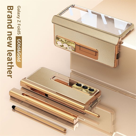 TECH CIRCLE for Samsung Galaxy Z Fold 5 Case with Pen,Shockproof Lychee Texture PU Leather Plating Hidden Double Hinge Kickstand Full Body Protective Case Built-in Screen Protector Cover,Gold Gold