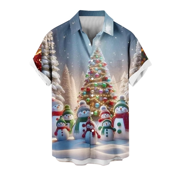 Mens Manga Corta Botón Abajo Camisas, Cuello de Vuelta Navidad Impresa Blusa, Top de Moda Casual