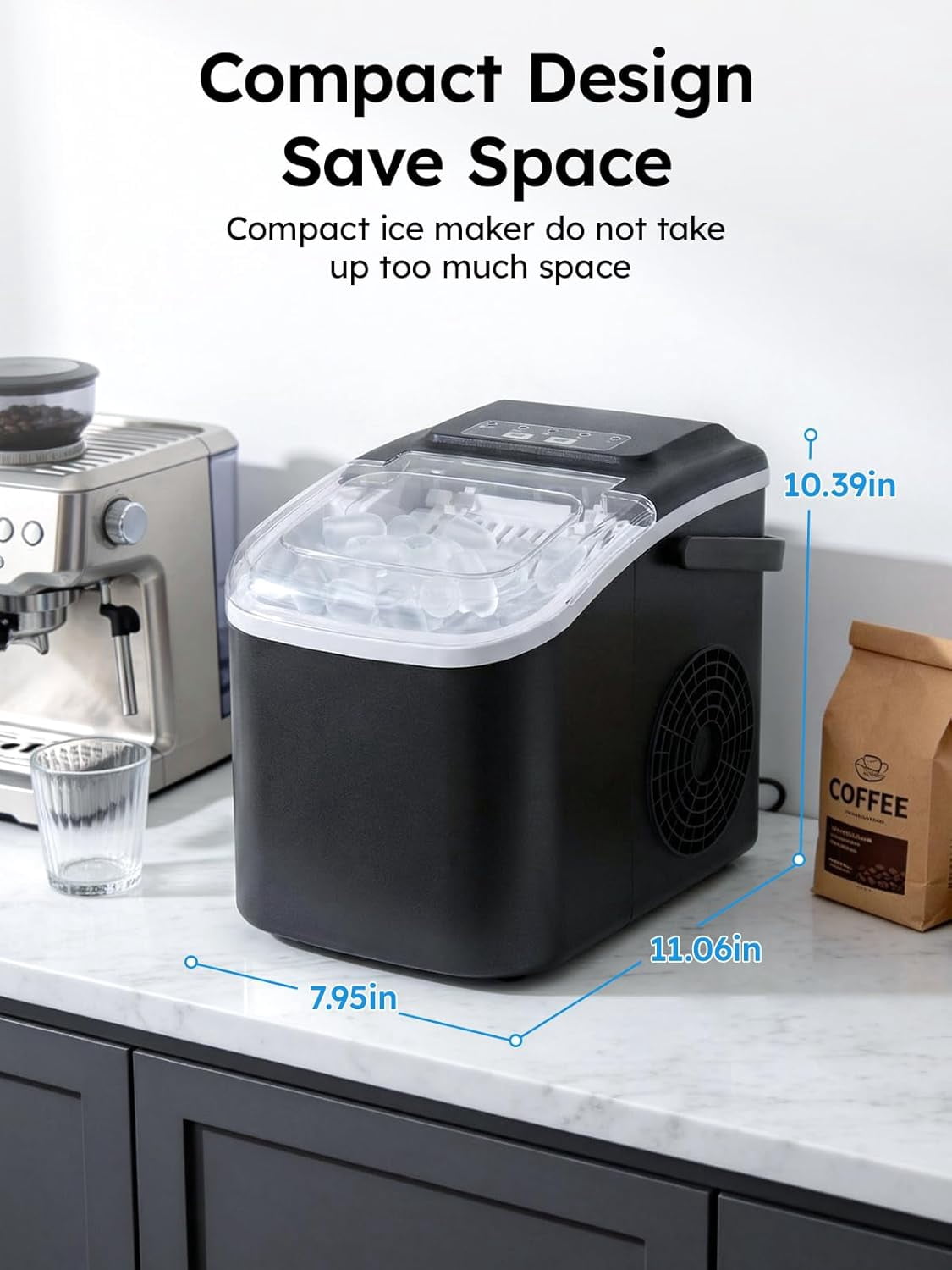 Portable Ice Maker Countertop, 26lbs/24H with Self-Cleaning, Makes 8 Cubes in 6 Mins for Home, Travel, Bar, and Camping