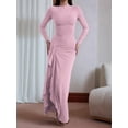 thumbnail image 6 of Women'S Solid Color Long Sleeve Crew Neck Ruched Waist Flowy A Line High Low Midi Irregular Split Dress Pink L, 6 of 7